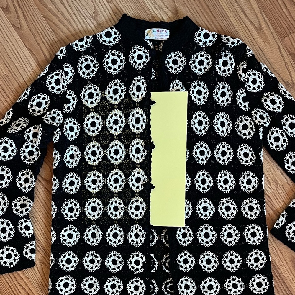Mod Vintage Handmade Crochet Cardigan Sweater, Black and White - Picture 6 of 7